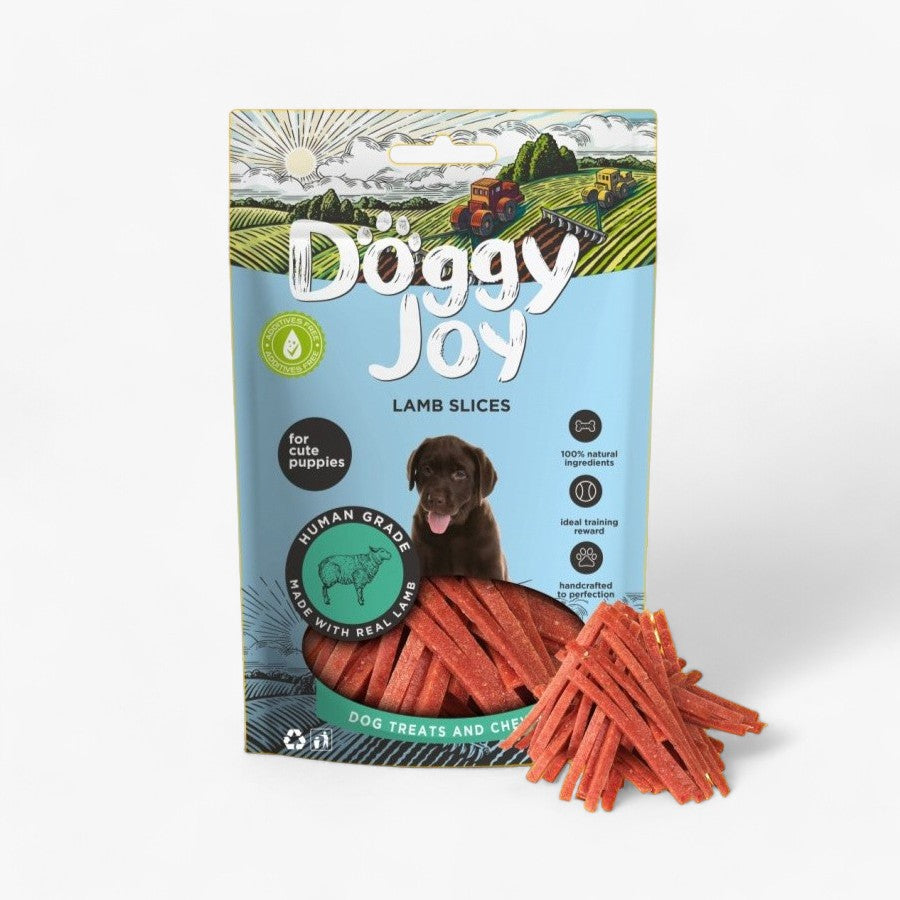 Doggy Joy treats for puppies, strips with lamb